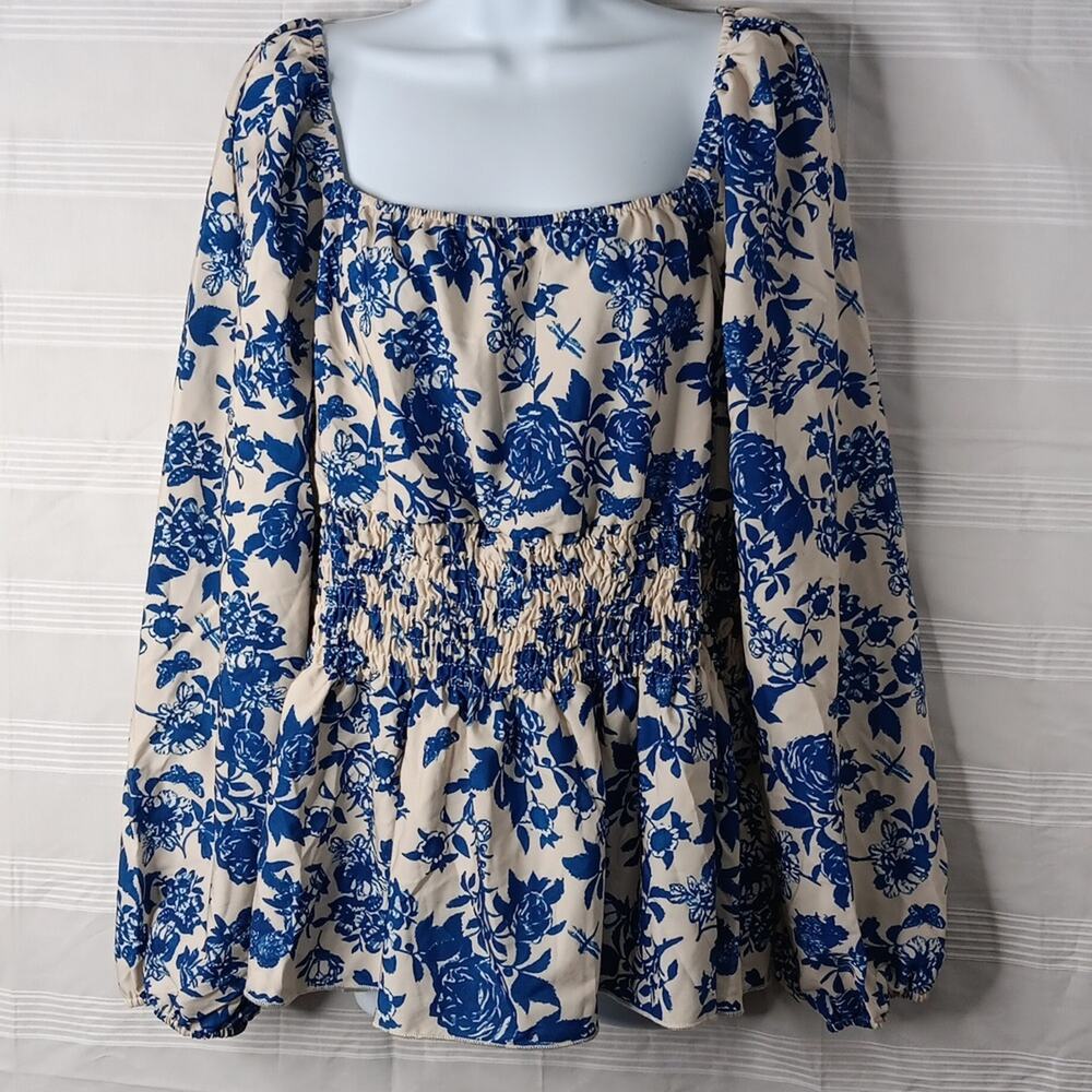 Joress Curve Boho Fairy Top Blue & Cream Women's Size 3XL Smocked‎ Baby Doll